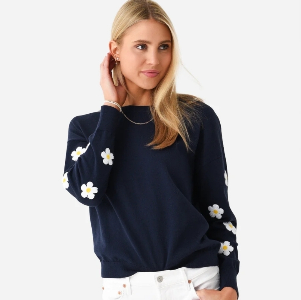 J Society Navy Cotton Crewneck Sweater With White& Yellow Daisy Appliqués Size S